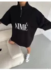 Unisex Yarım Fermuarlı Baskılı T-Shirt - Siyah