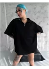 Unisex Yarım Fermuarlı Düz Oversize T-Shirt - Siyah
