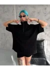 Unisex Yarım Fermuarlı Düz Oversize T-Shirt - Siyah
