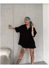 Unisex Yarım Fermuarlı Düz Oversize T-Shirt - Siyah