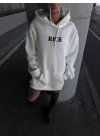Uzun Kol Kapşonlu Göğüs Baskılı SweatShirt - Beyaz
