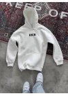 Uzun Kol Kapşonlu Göğüs Baskılı SweatShirt - Beyaz