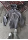 Uzun Kol Kapşonlu Göğüs Baskılı SweatShirt - Gri