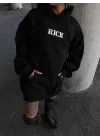 Uzun Kol Kapşonlu Göğüs Baskılı SweatShirt - Siyah