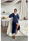 V YAKA BEL BONCUK BAĞLAMALI MÜSLİN ELBİSE YIRTMAÇ DETAYLI - Lacivert