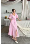 V YAKA BEL BONCUK BAĞLAMALI MÜSLİN ELBİSE YIRTMAÇ DETAYLI - Pembe