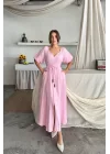V YAKA BEL BONCUK BAĞLAMALI MÜSLİN ELBİSE YIRTMAÇ DETAYLI - Pembe