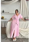 V YAKA BEL BONCUK BAĞLAMALI MÜSLİN ELBİSE YIRTMAÇ DETAYLI - Pembe