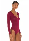MetuCa Kadın Bordo Derin V Yaka Uzun Kollu Sandy Kumaş Tanga Kesim Bodysuit Zıbın