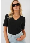 V Yaka Kısa Kol Basic Bluz 955 - Siyah