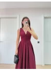 V Yaka Uzun Kolsuz Elbise- Bordo