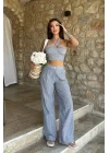 Vesna Keten Çizgili Crop Takım 9806-0025