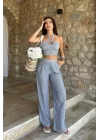 Vesna Keten Çizgili Crop Takım 9806-0025