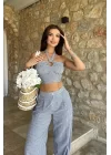 Vesna Keten Çizgili Crop Takım 9806-0025
