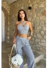 Vesna Keten Çizgili Crop Takım 9806-0025