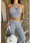 Vesna Keten Çizgili Crop Takım 9806-0025