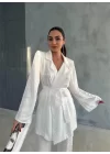 VİSKON JAKARLI BAĞLAMALI GÖMLEK - PANTOLON TAKIM - Beyaz