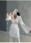 VİSKON JAKARLI BAĞLAMALI GÖMLEK - PANTOLON TAKIM - Beyaz