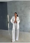 VİSKON JAKARLI BAĞLAMALI GÖMLEK - PANTOLON TAKIM - Beyaz