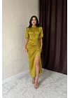 Sarı Büzgülü Saten Elbise