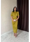 Sarı Büzgülü Saten Elbise