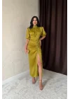 Sarı Büzgülü Saten Elbise
