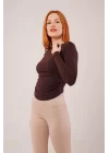 Yaka Detay Uzun Kollu Basic Kahverengi Bluz