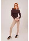 Yaka Detay Uzun Kollu Basic Kahverengi Bluz