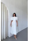 YAKA DÜĞME DETAYLI ELBİSE - Beyaz