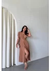 YAKA DÜĞME DETAYLI ELBİSE - Kahverengi