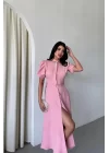 YAKA DÜĞME DETAYLI ELBİSE- Pembe