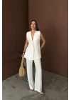 YAKA MİDYE KABUĞU SIRALI YELEK - PANTOLONTAKIM KETEN KUMAŞ - Beyaz