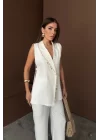 YAKA MİDYE KABUĞU SIRALI YELEK - PANTOLONTAKIM KETEN KUMAŞ - Beyaz