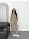 Yakalı Düğmeli Uzun Kollu Gömlek Pantolon Ikili Takım - Bej