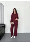 Yakalı Düğmeli Uzun Kollu Gömlek Pantolon Ikili Takım - Bordo