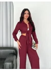 Yakalı Düğmeli Uzun Kollu Gömlek Pantolon Ikili Takım - Bordo