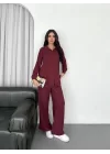 Yakalı Düğmeli Uzun Kollu Gömlek Pantolon Ikili Takım - Bordo