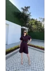 Yakalı Gömlek Kemerli Şortlu Takım - Bordo