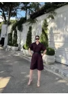 Yakalı Gömlek Kemerli Şortlu Takım - Bordo