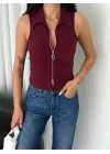 Yakalı Tam Fermuarlı Kolsuz Bluz - Bordo