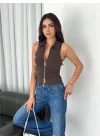 Yakalı Tam Fermuarlı Kolsuz Bluz - Kahverengi