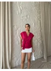 YANDAN BAĞLAMA DETAYLI KOLSUZ BLUZ - Fuşya