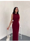 Yandan Buzgulu Kolsuz Yırtmaçlı Uzun Elbise - Bordo