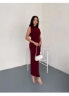 Yandan Buzgulu Kolsuz Yırtmaçlı Uzun Elbise - Bordo
