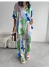YEŞİL BÜYÜK ÇİÇEK DESEN SATEN GÖMLEK-PANTOLON TAKIM - Yeşil