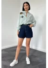 Yeşil Klasik Bedensiz Çizgili Poplin Nakışlı Gömlek