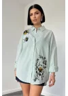 Yeşil Klasik Bedensiz Çizgili Poplin Nakışlı Gömlek
