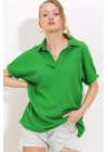 Yeşil Oversize Polo Yaka Örme Bluz 0486
