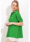 Yeşil Oversize Polo Yaka Örme Bluz 0486