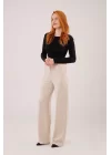 Yüksek Bel Bol Paça Krep Krem Pantolon